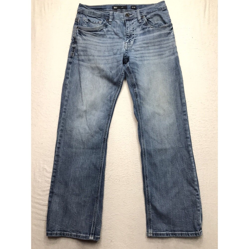 BKE Jake Boot Jean Men 32x30 Light Wash Whisker Distress Stretch Denim